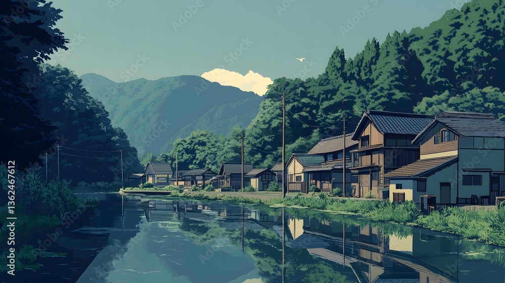 Fototapeta premium Scenic Anime Village by the River with Traditional Japanese Houses, Mountains, and Lush Greenery – Stunning Digital Illustration