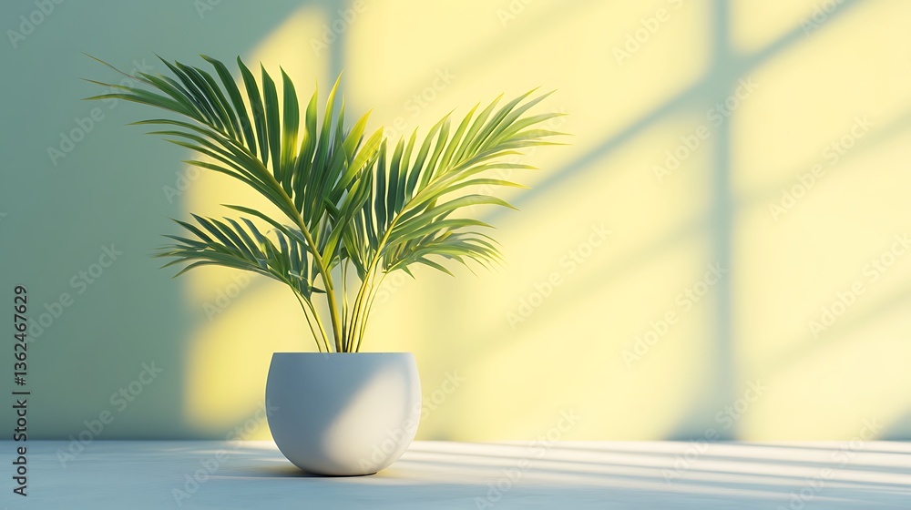 Potted palm plant in sunlight, minimalist interior Potted palm plant in sunlight, minimalist interior