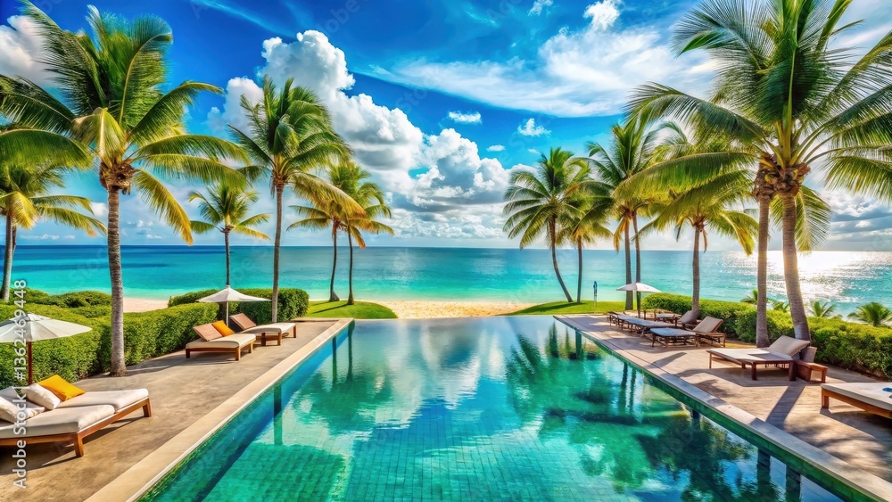 Fototapeta premium A serene oasis with a sparkling pool, lush palm trees, and the azure ocean beyond