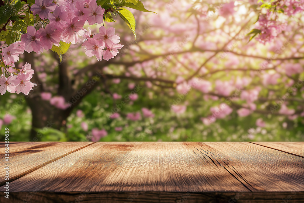 Rustic Wooden Table with Blooming Cherry Blossoms – Spring Nature Scene Rustic Wooden Table with Blooming Cherry Blossoms – Spring Nature Scene