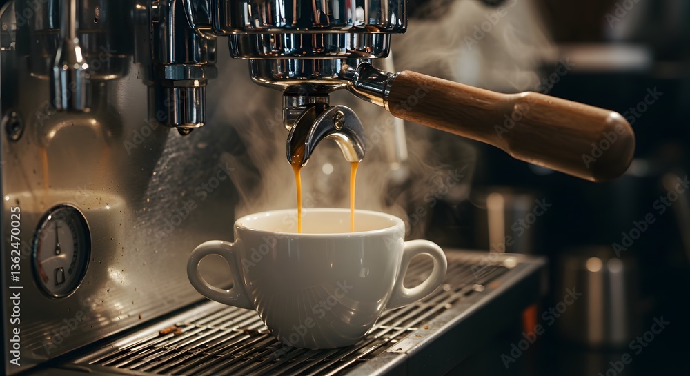Pouring fresh espresso into a white cup from professional machine Pouring fresh espresso into a white cup from professional machine