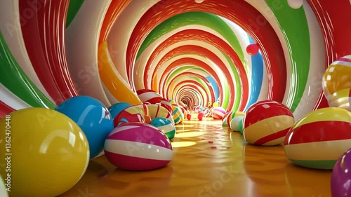 Vibrant candy land tunnel swirling with colorful striped walls and scattered sweets