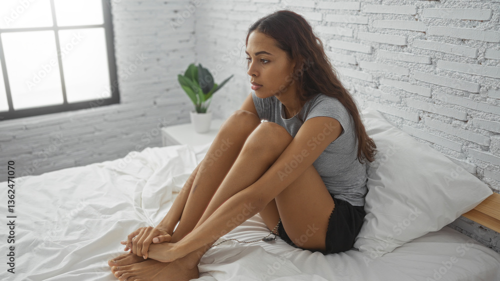 Young woman sitting on bed in bright bedroom with white brick wall and window, appearing pensive during the day Young woman sitting on bed in bright bedroom with white brick wall and window, appearing pensive during the day