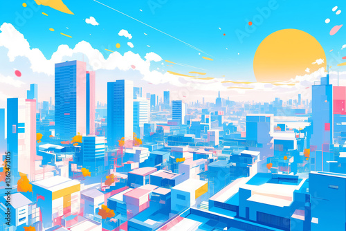 パステルピンクとブルーのレトロポップな80年代アニメ風都市イラスト・大きな夕陽と雲が特徴のノスタルジックでエモい街並み背景素材・鮮やかな色彩・都会の日常風景・青春感・シティライフ