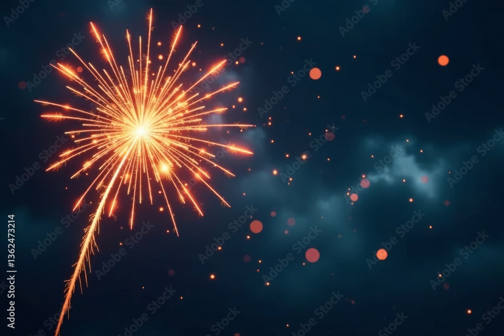 Obraz premium Dark sky fireworks explode in golden sparks, with festive bokeh and stars , celebration, explosion