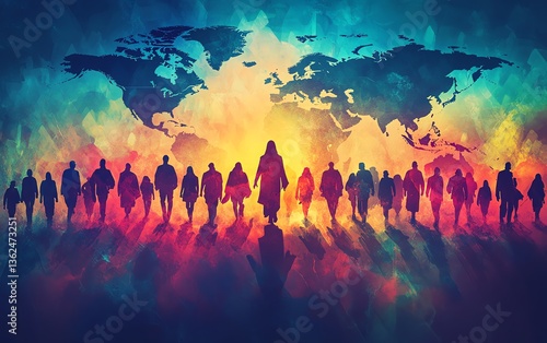 Faithful missionary journey of Jesus Christ, spreading Christian teachings worldwide, with scripture and a world map, hightech visual concept, vibrant and detailed design