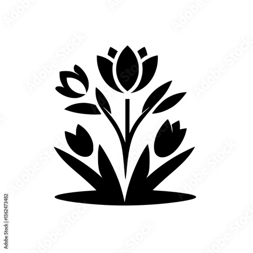 Stylized black and white floral illustration showcasing a central large flower, flanked by two smaller blossoms, and an additional bud, all emerging from a bed of leaves, presented on a pristine white