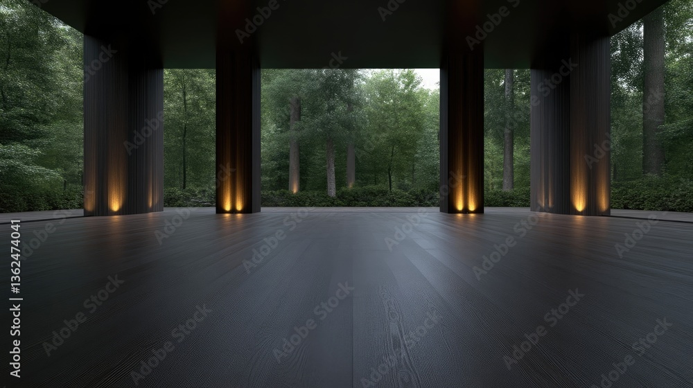 Fototapeta premium Tranquil modern outdoor space with dark columns and wooden floor, overlooking a lush green forest