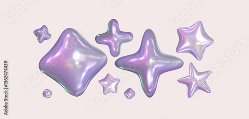 3d chrome set  holographic stars . Isolated silver abstract elements in y2k style and 90s design. Pearl fluid shapes. Iridescent purple stars and shapes on a pastel background