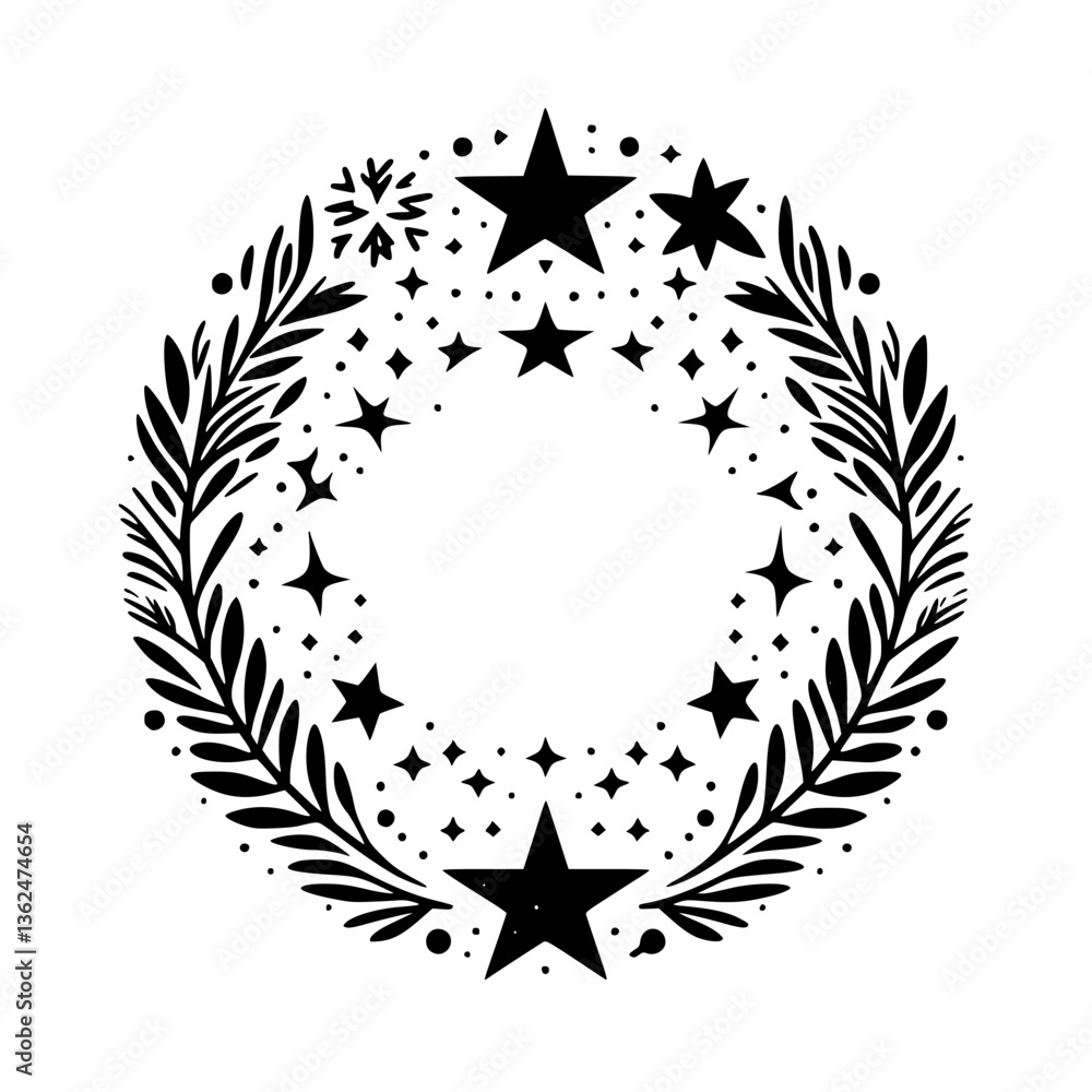 Fototapeta premium A symmetrical, monochrome Christmas wreath, composed of stylized foliage, stars, and a snowflake, creating a festive, circular design on a white backdrop.