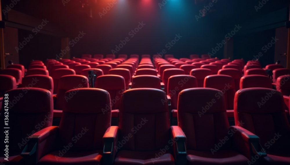 Fototapeta premium Empty chairs with microphones stand like sentinels in the dark, vacant, microphones