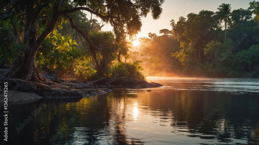Naklejka premium Serene river landscape at sunrise with lush greenery and mist.