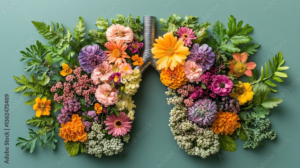 Obraz premium Nature art of floral lungs, vibrant and colorful flowers, fresh botanical design, petals, leaves, and greenery intertwined to form lung shape, lively and organic artwork