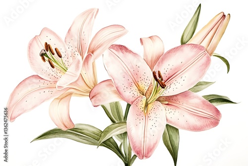 Fototapeta Naklejka Na Ścianę i Meble -  Elegant Watercolor Pink Lily Illustration with Blooming Flowers & Bud on White Background