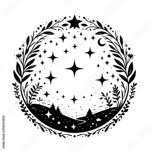 A monochrome celestial illustration featuring a star-filled night sky and forest landscape, enclosed within a circular floral wreath, adorned with a crescent moon.