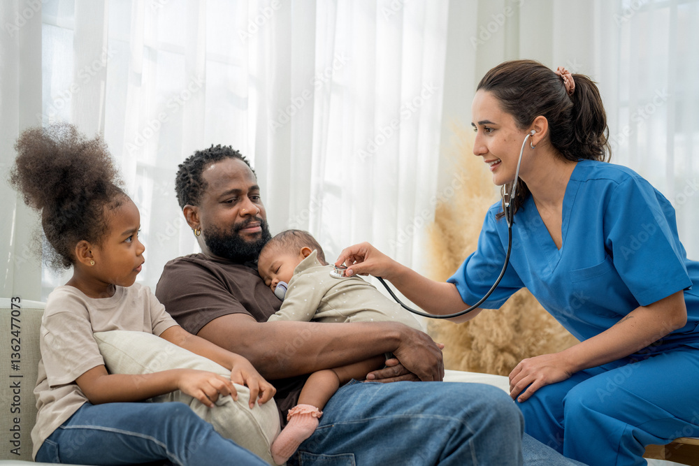 Caring pediatric checkup in a cozy home setting with a doctor, father, and two children Caring pediatric checkup in a cozy home setting with a doctor, father, and two children