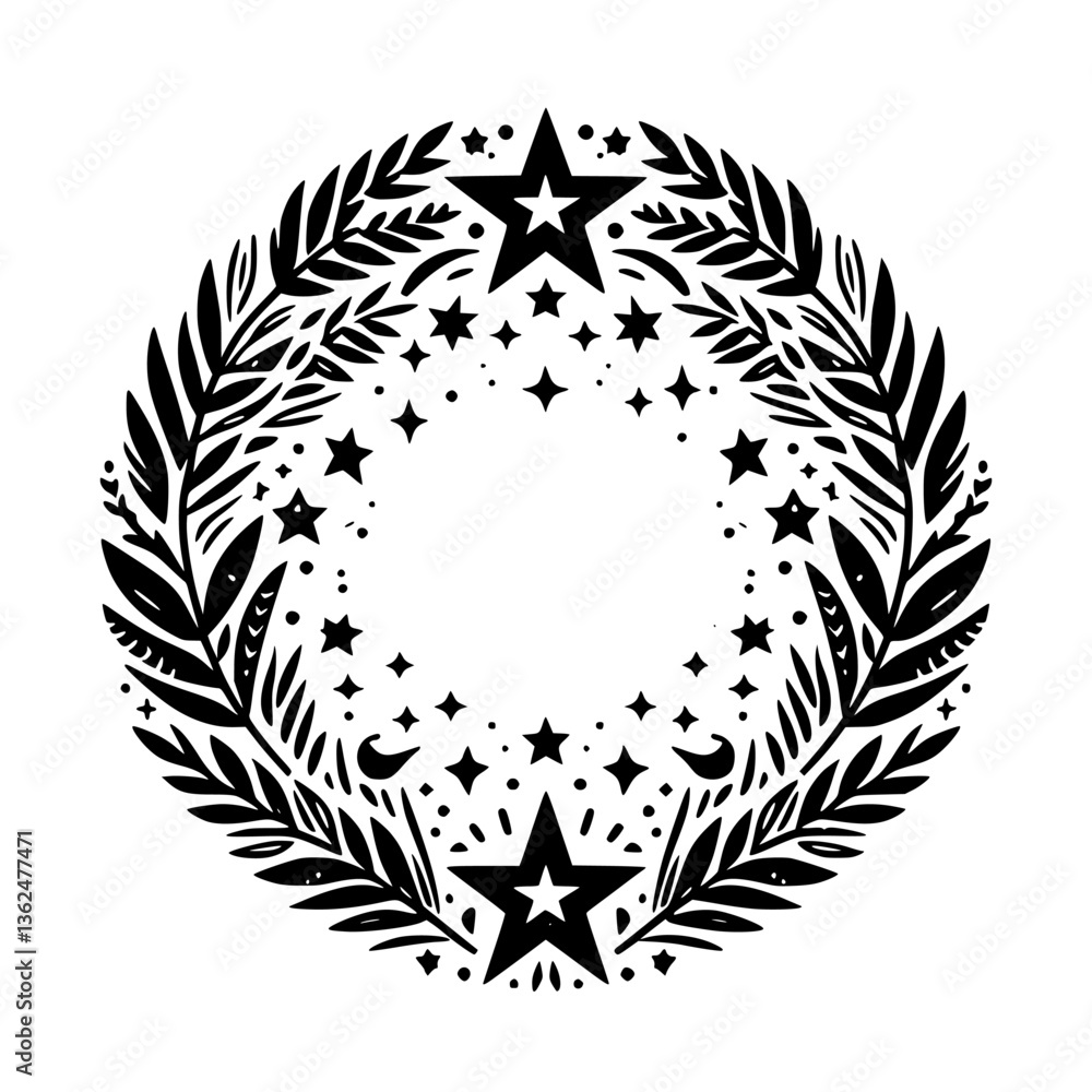 Fototapeta premium Black and white celestial wreath design, featuring star and leaf motifs, perfect for holiday decorations or festive imagery.