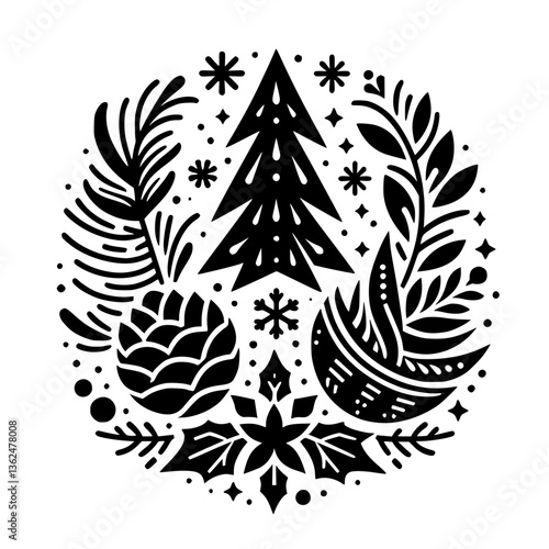 Monochromatic Winter Holiday Ornament: a stylized black and white circular composition with a central Christmas tree, pinecone, snowflakes, and botanical elements arranged in a symmetrical design, con