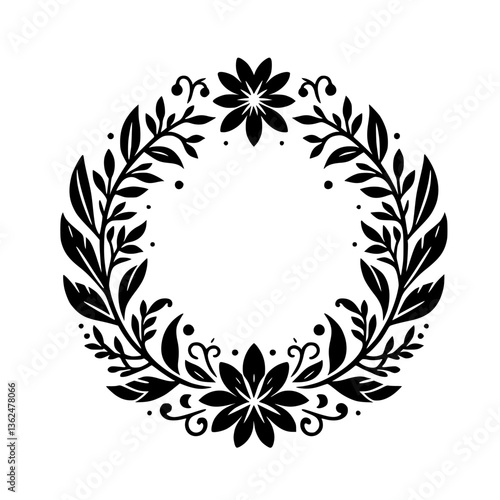 Intricate Black and White Floral Wreath Design: An Elegant Circular Composition with Detailed Leaves, Flowers, and Decorative Elements, Creating a Delicate and Harmonious Frame.