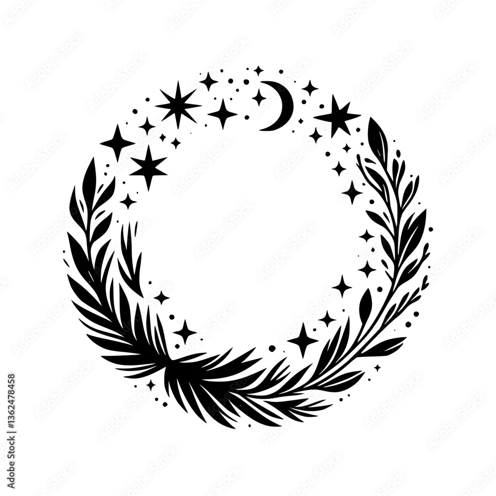 A celestial, minimalist wreath design, combining lush leaves, sparkling stars, and a crescent moon in a circular, elegant, monochrome composition. A celestial, minimalist wreath design, combining lush leaves, sparkling stars, and a crescent moon in a circular, elegant, monochrome composition.