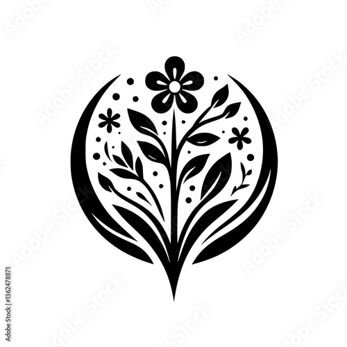 Elegant Monochrome Floral Crest: A symmetrical design featuring stylized leaves, flowers, and dots enclosed within a curved, crescent-shaped frame, set against a stark white background.