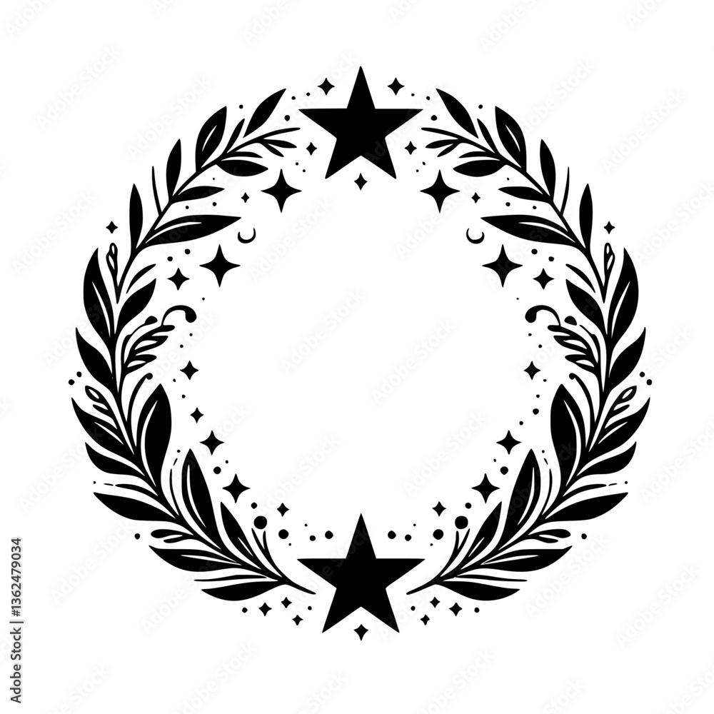 Fototapeta premium An elegant, black and white circular floral wreath design, featuring stylized leaves, stars, crescent moons, and dots, creating a celestial frame.