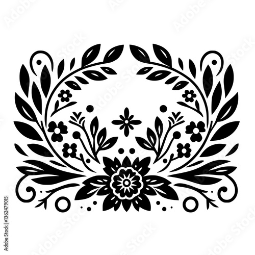 Elegant Black & White Floral Emblem: symmetrical design features a central bloom, surrounding foliage, sprigs, dots and flourishes on white backdrop.