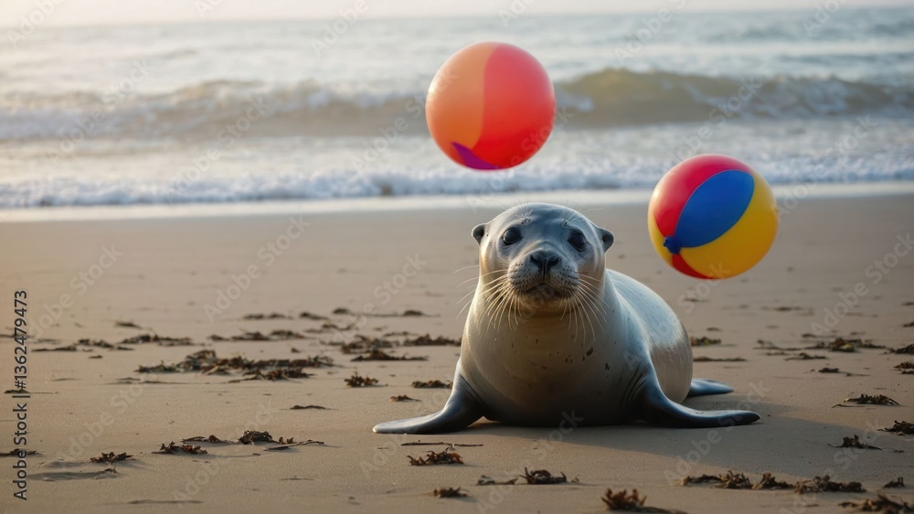 Obraz premium A seal on the beach with colorful beach balls in a playful setting.