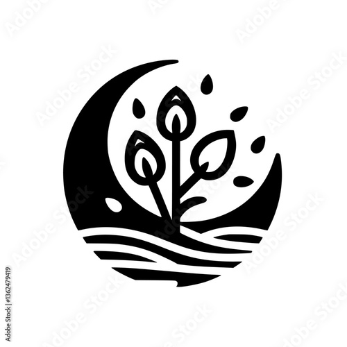 A stylized black and white logo featuring a crescent moon embracing a stylized plant with leaf-like buds and falling droplets, set above horizontal lines.