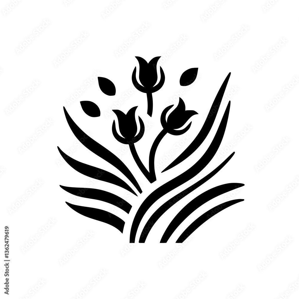Obraz premium Elegant Black and White Floral Silhouette: Stylized Arrangement of Tulips and Leaves, Minimalist Design.