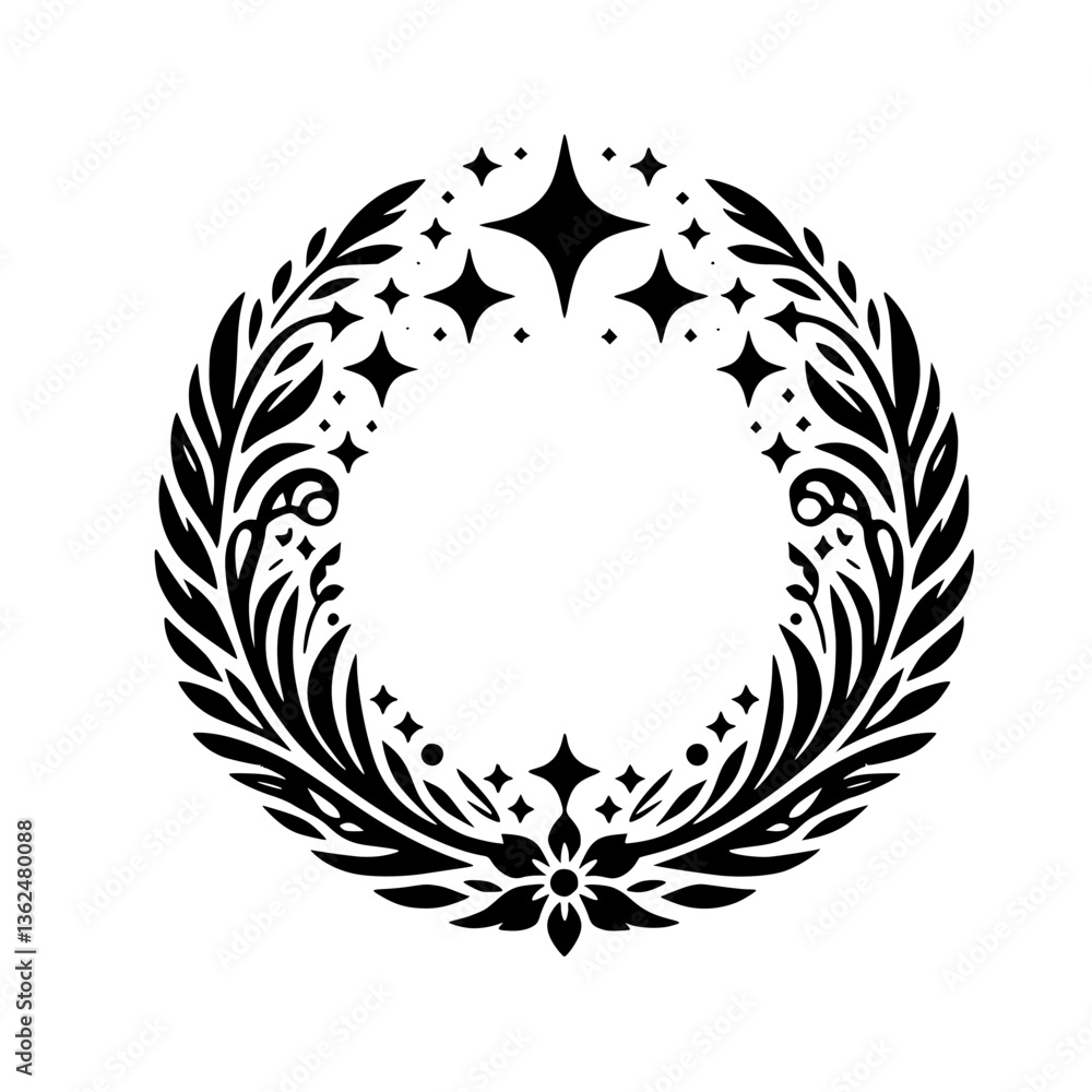 Fototapeta premium A stylized, black and white circular emblem depicting a laurel wreath interwoven with sparkling stars, floral elements, and intricate details.