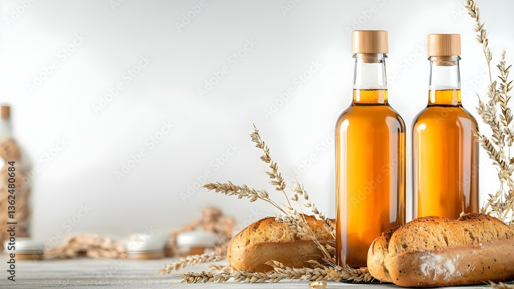 Obraz premium Two bottles of golden liquid next to freshly baked bread and decorative dried plants on a wooden surface. Concept Artisan Olive Oil Display, Freshly Baked Bread, Rustic Decor, Culinary Aesthetics