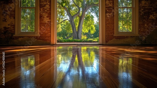 Sunlight streams through windows, reflecting on polished wooden floors, revealing a lush garden tree