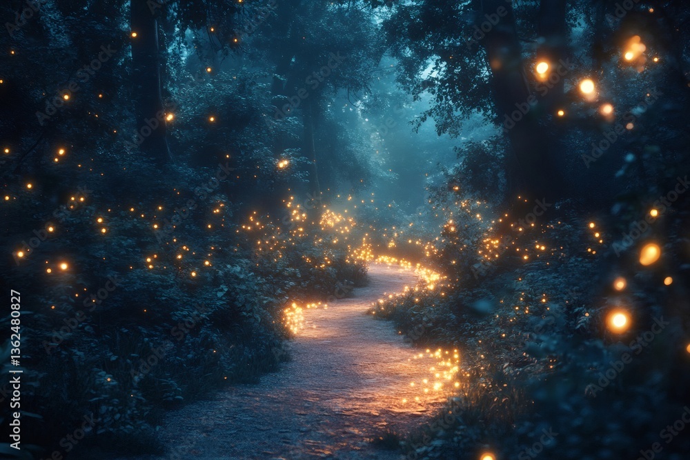 Fireflies lighting magical path through enchanted forest at night