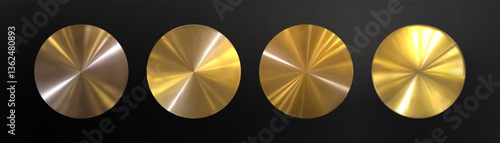 Сollection of holographic gold stickers. Golden Metallic Disks on Black Background