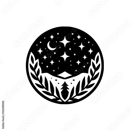 Circular black and white illustration of a night landscape featuring mountains, stars, a crescent moon, and foliage, evoking a sense of peacefulness and natural beauty.