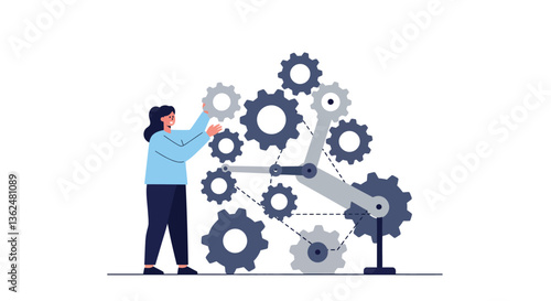 Worker adjusting gears in a mechanized system with flat design style vector art