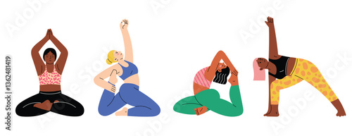 Set with 4 diverse body positive ladies, exercising in sports clothing, doing asanas, yoga, stretch or pilates. Hand drawn isolated vector illustration.