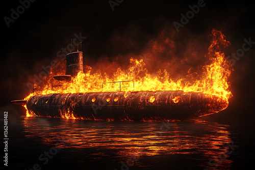A burning submarine in dark waters, surrounded by flames and smoke, creating a dramatic scene