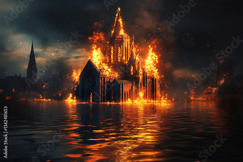 A dramatic scene of a burning church surrounded by water, with dark clouds and distant silhouettes