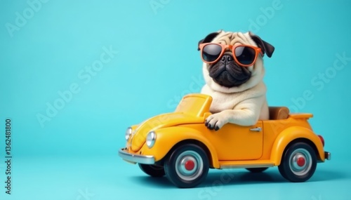 Funny pug dog wearing sunglasses inside toy car on light blue background, sunglasses, illustration