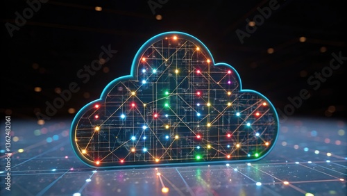 Digital cloud technology with colorful lights and connections.