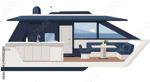 Modern yacht interior design in minimal style showcasing kitchen and seating area vector art