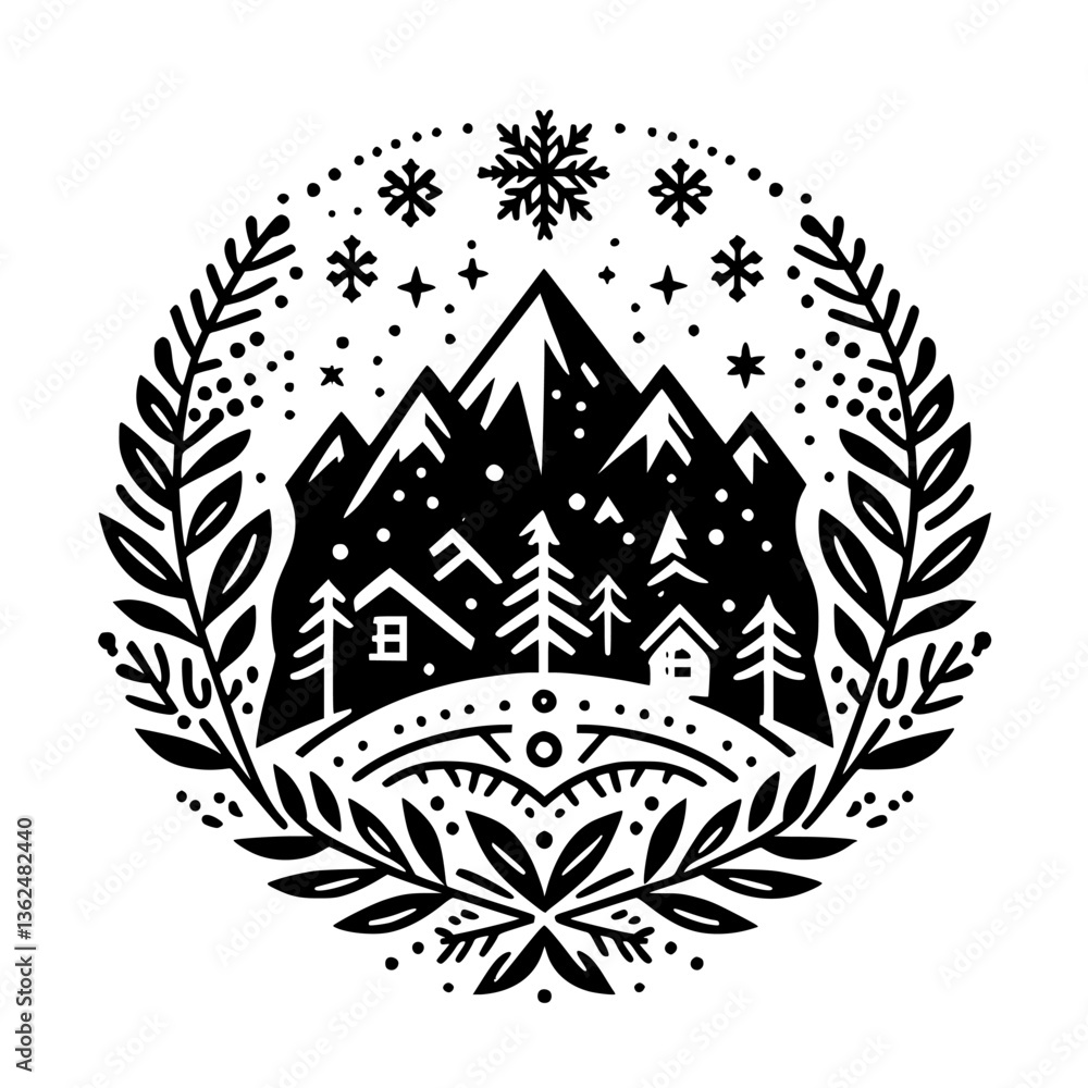 Fototapeta premium A monochrome winter scene within a circular frame, featuring snowy mountains, cabins, fir trees, and snowflakes, encompassed by a botanical wreath.