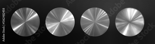 Сollection of holographic silver stickers. Aluminum Metallic Disks on Black Background