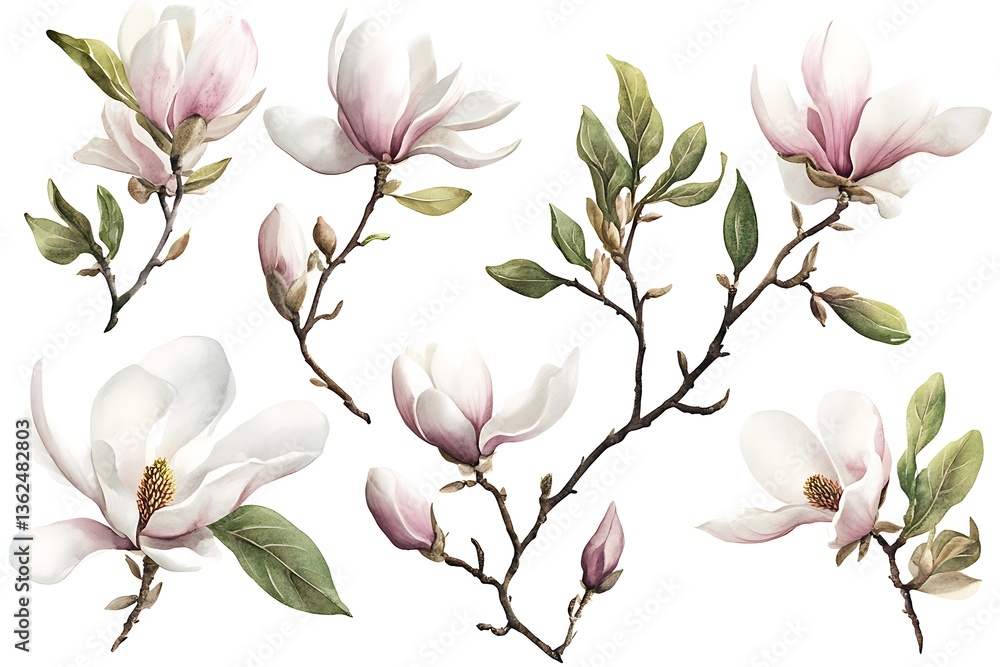 Obraz premium Delicate Watercolor Magnolia Illustration with Soft Pink & White Blossoms on Elegant Branches