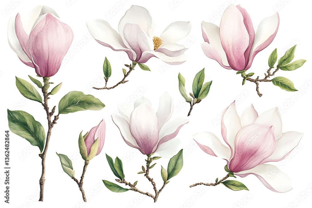 Naklejka premium Delicate Watercolor Magnolia Illustration with Soft Pink & White Blossoms on Elegant Branches