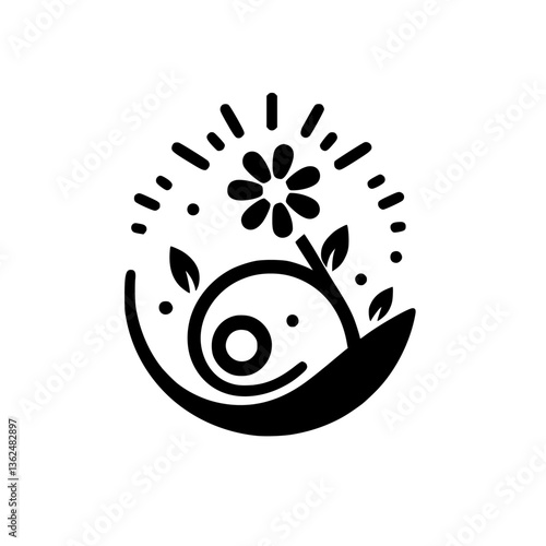 A minimalist, black-and-white illustration featuring a blossoming flower with radiating lines, leaves, and a curled shape, all enclosed within an organic border.