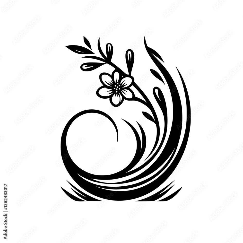 Obraz premium Elegant Black and White Floral Swirl Design Featuring a Detailed Flower and Flowing Abstract Lines, Evoking a Sense of Grace.