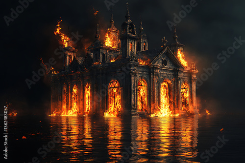 A burning historic church surrounded by water at night, with flames illuminating the dark sky